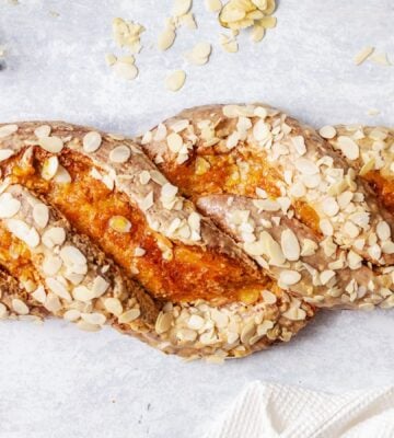 a vegan Easter plait made with almonds and marzipan