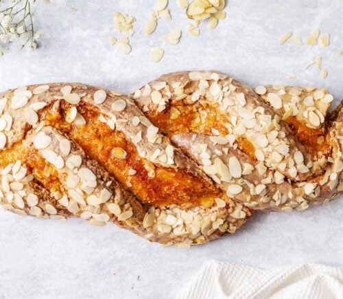 a vegan Easter plait made with almonds and marzipan