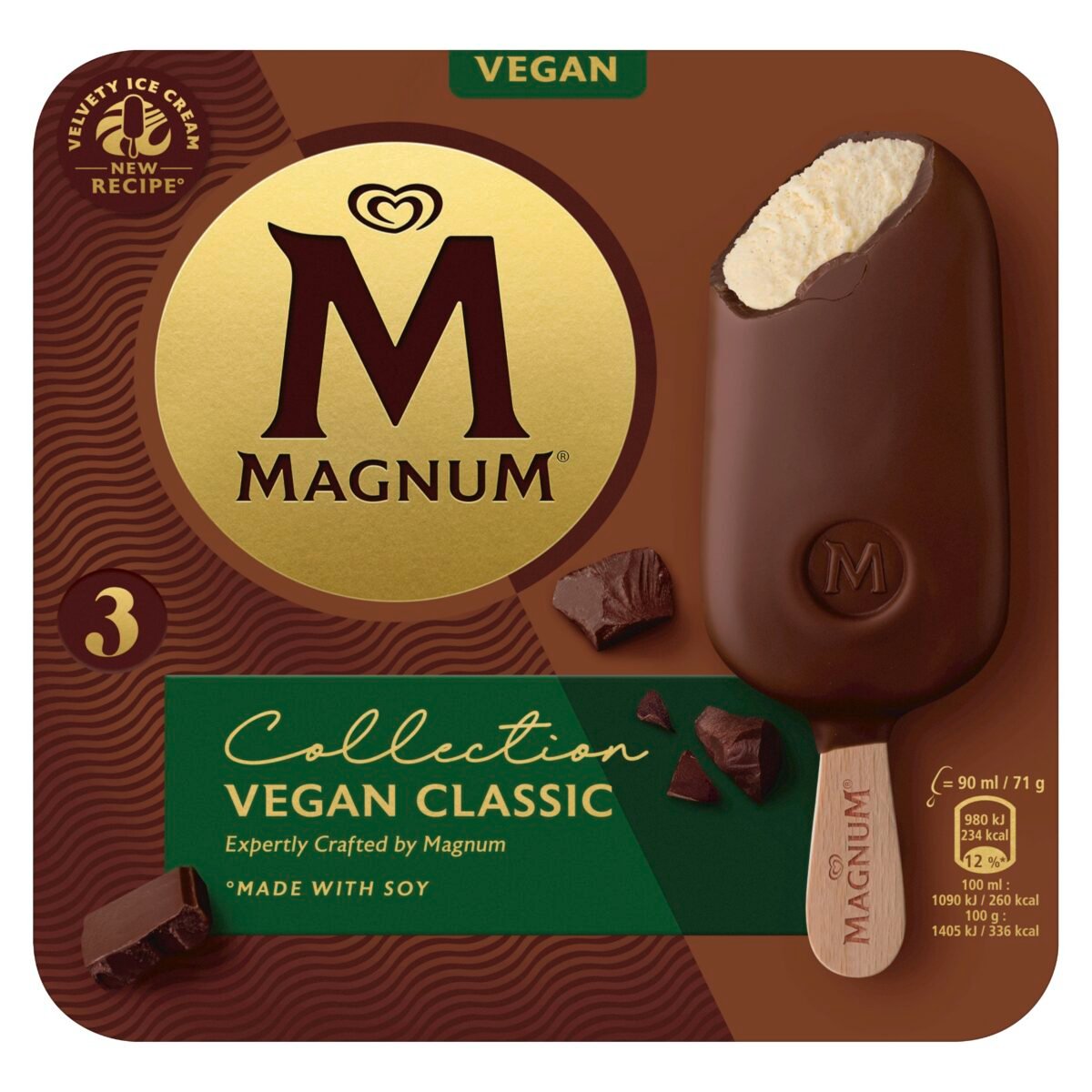 A new package of Magnum vegan ice creams made with the new soy recipe