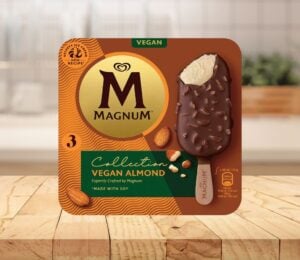 A packet of vegan Magnum almond made with a new soy-based recipe