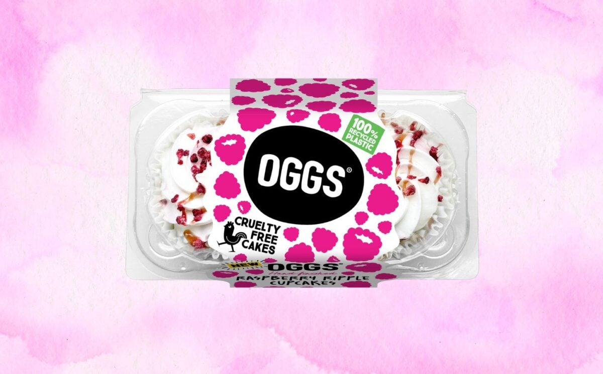 A two-pack of OGGS vegan cakes in raspberry ripple flavor