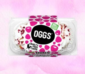 A two-pack of OGGS vegan cakes in raspberry ripple flavor