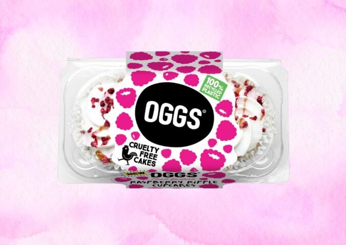 A two-pack of OGGS vegan cakes in raspberry ripple flavor