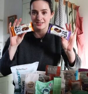 A still of a recent video from Madeleine Olivia showing her vegan weekly food shop ideas and inspiration