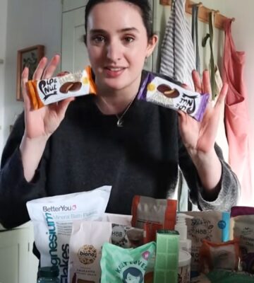 A still of a recent video from Madeleine Olivia showing her vegan weekly food shop ideas and inspiration