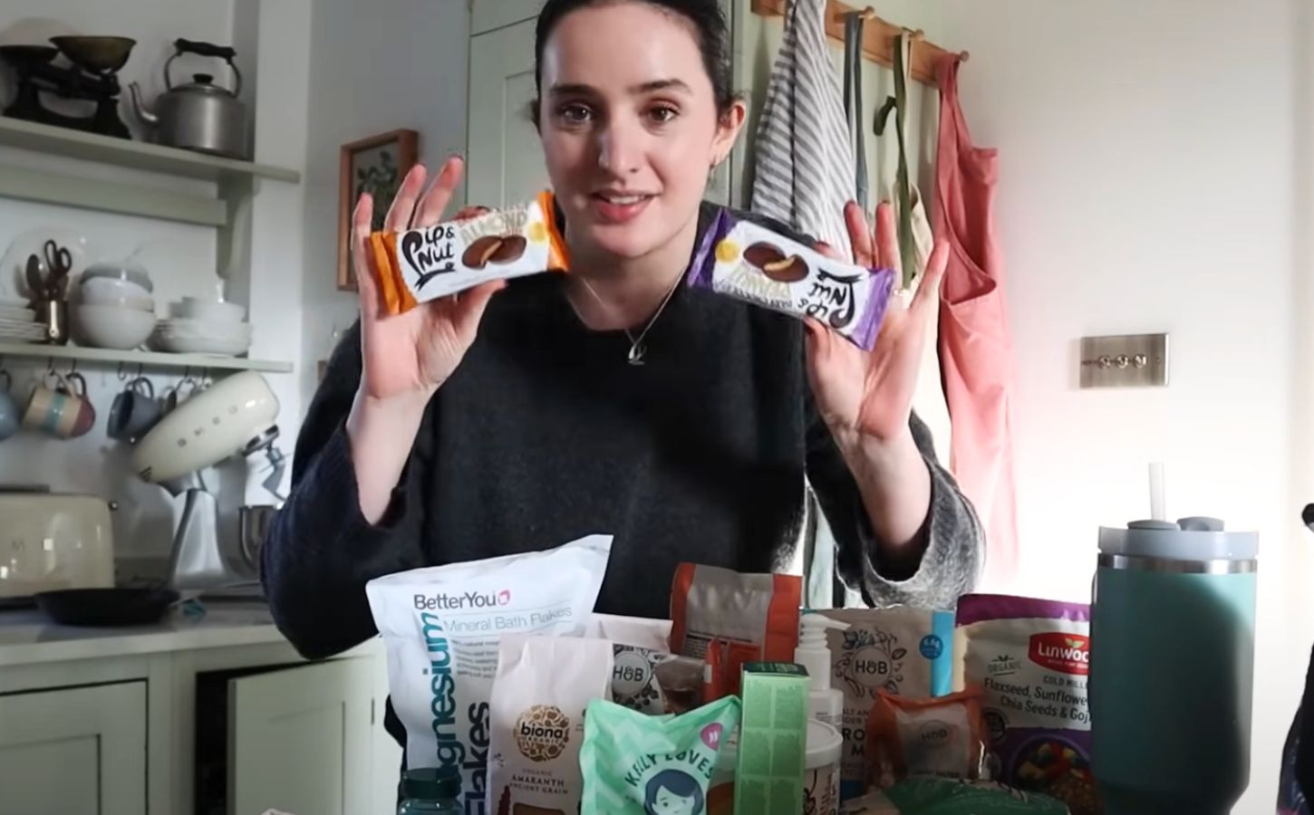 A still of a recent video from Madeleine Olivia showing her vegan weekly food shop ideas and inspiration