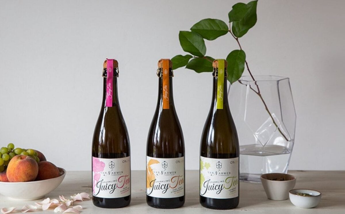 Photo shows three bottles of Van Nahmen's alcohol-free "Juicy Teas"