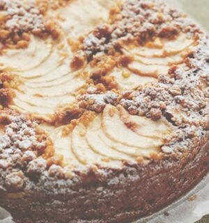 This vegan apple cake is made with cinnamon and topped with apple slices