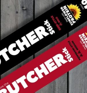 Photo shows Before the Butcher's new vegan meat sticks, available in pepperoni and beef flavors