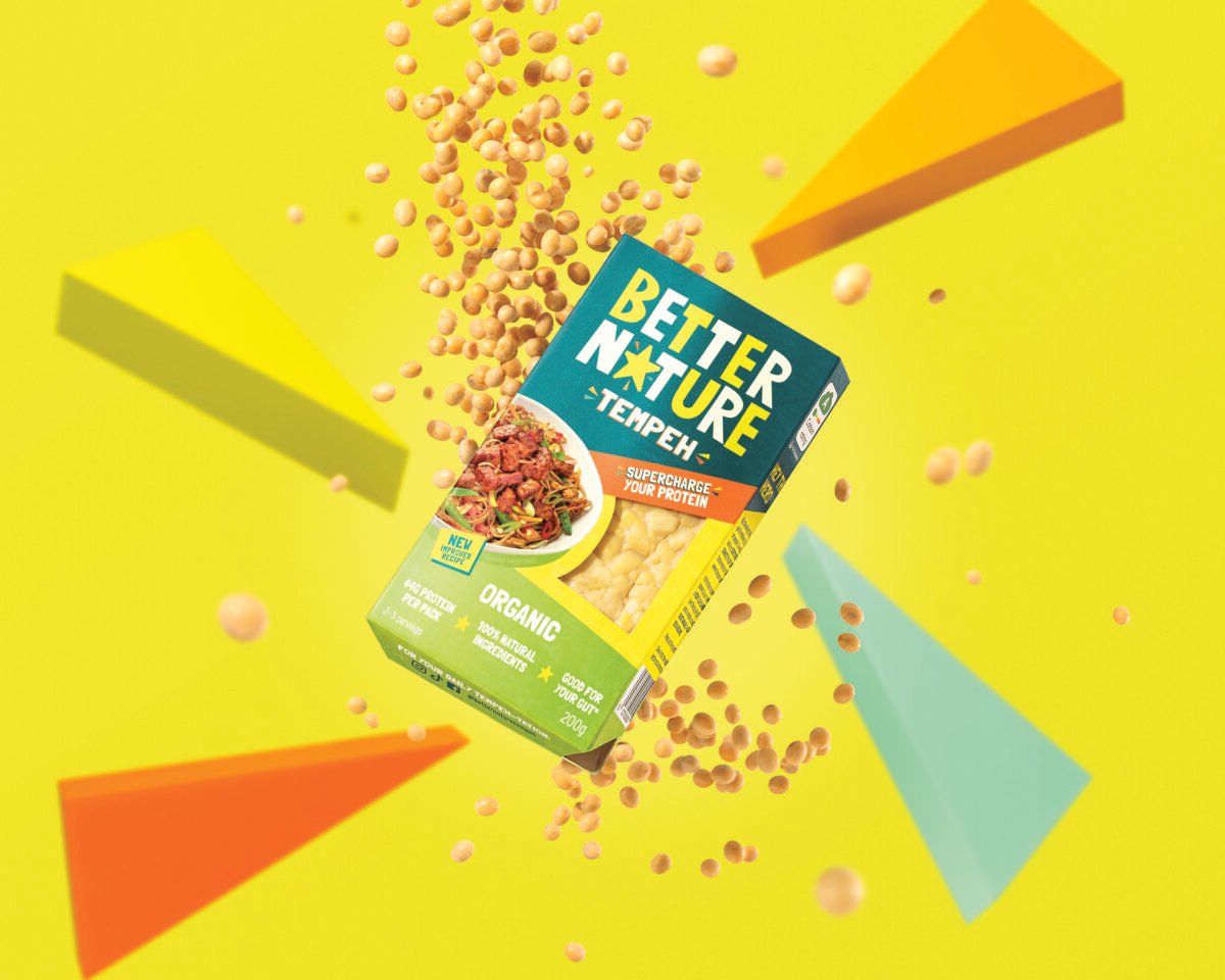 Photo shows Better Nature's tempeh in the new packaging on a colorful background