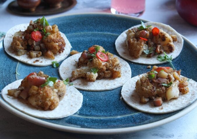 Five curried cauliflower and apple mini tacos