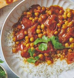 a bowl of chickpea stew or chana masala a vegan dinner