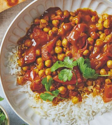 a bowl of chickpea stew or chana masala a vegan dinner