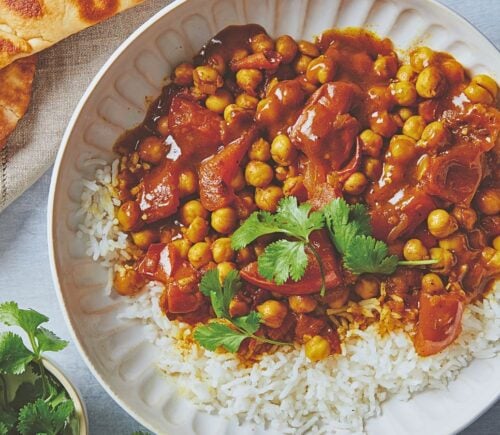 a bowl of chickpea stew or chana masala a vegan dinner