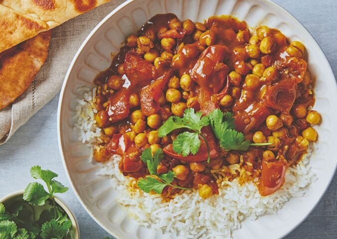 a bowl of chickpea stew or chana masala a vegan dinner