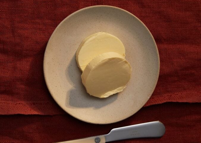 A plate containing dairy-free butter made to a vegan recipe