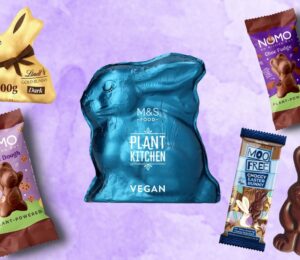 A dairy-free chocolate bunny selection in front of a purple background