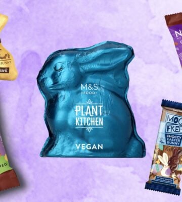 A dairy-free chocolate bunny selection in front of a purple background