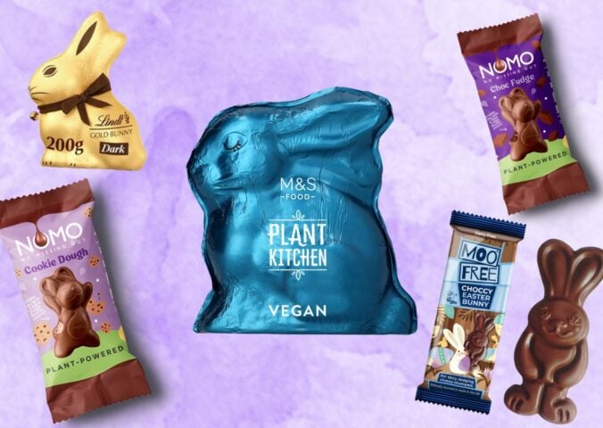 A dairy-free chocolate bunny selection in front of a purple background