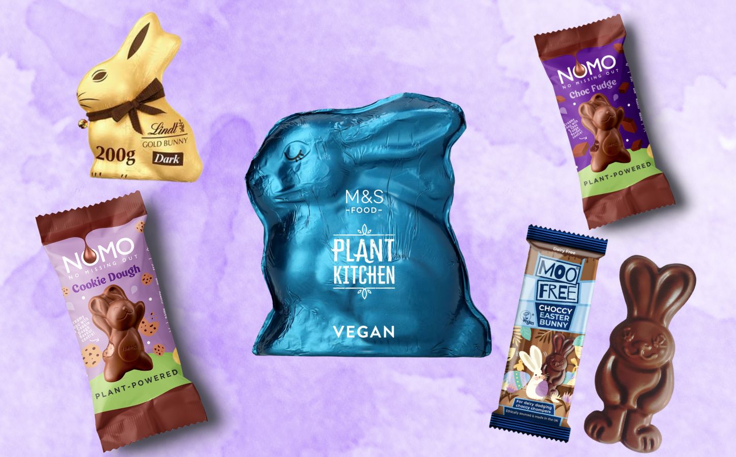 A dairy-free chocolate bunny selection in front of a purple background