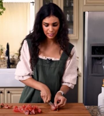 Nisha Vora preparing her favorite easy vegan recipe in her kitchen