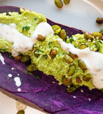 A recipe dubbed the healthiest meal on the planet, including purple sweet potato and a green dip