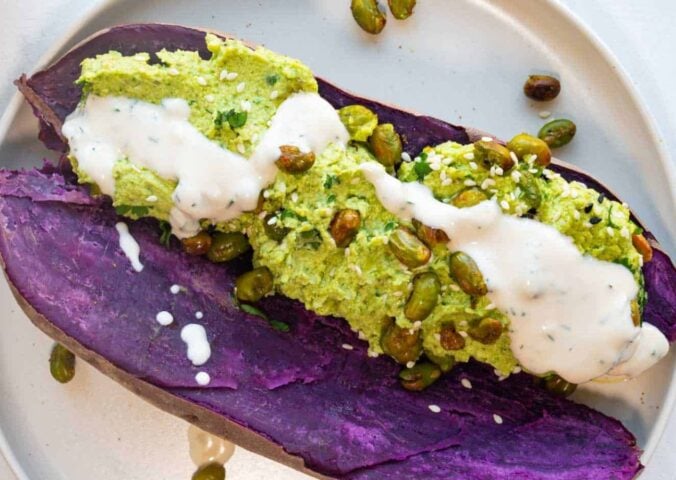 A recipe dubbed the healthiest meal on the planet, including purple sweet potato and a green dip