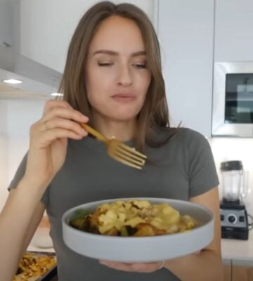 A still from Alexandra Andersson speaking about her staple plant-based recipes