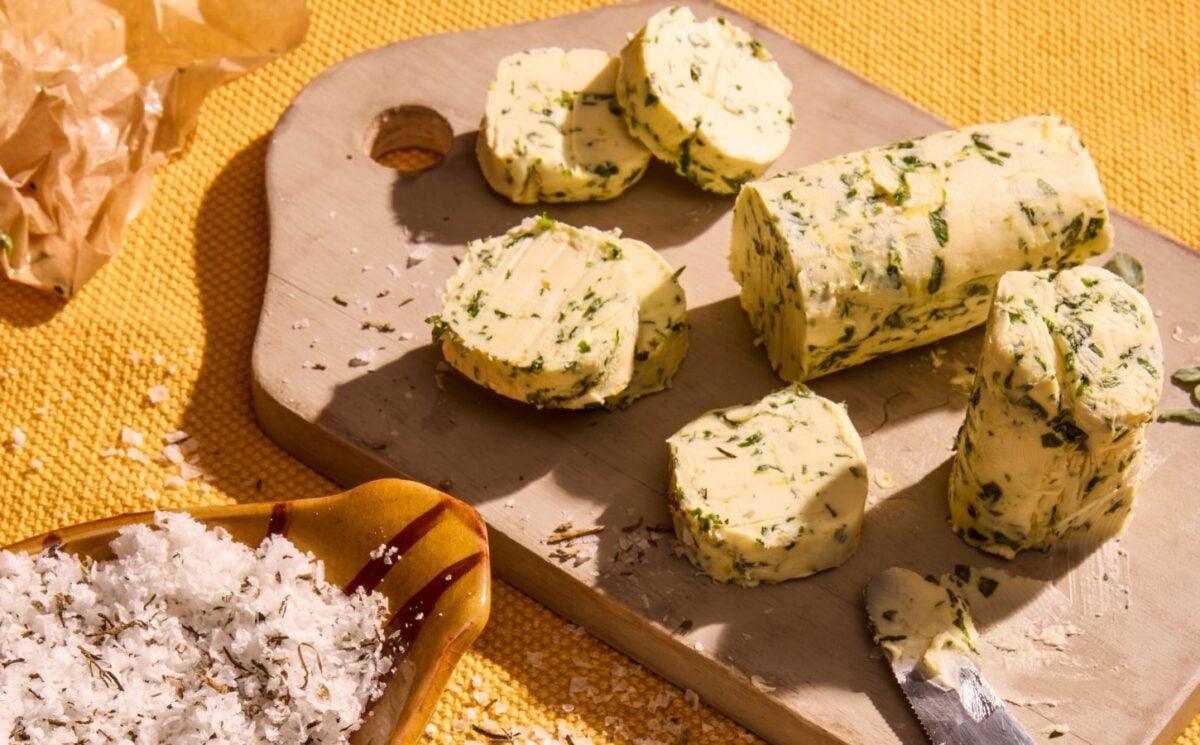 a vegan herb butter with lemon zest and herbs like dill, chives, parsley