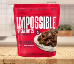 A packet of Impossible Steak Bites on a kitchen counter