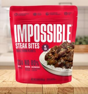 A packet of Impossible Steak Bites on a kitchen counter