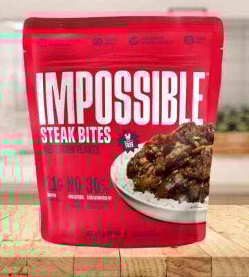 A packet of Impossible Steak Bites on a kitchen counter
