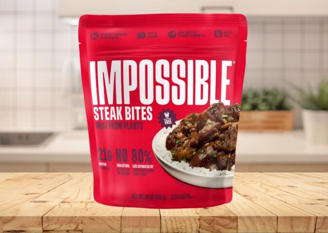 A packet of Impossible Steak Bites on a kitchen counter