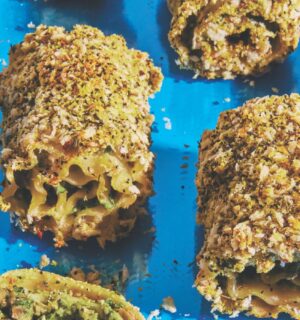 lasagna roll ups with kale pesto, spinach, and lentil ground beef