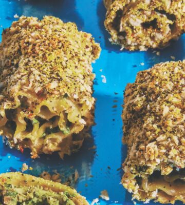 lasagna roll ups with kale pesto, spinach, and lentil ground beef