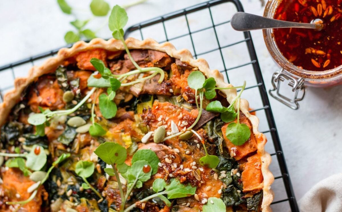 A leek cavolo nero and sweet potato tart