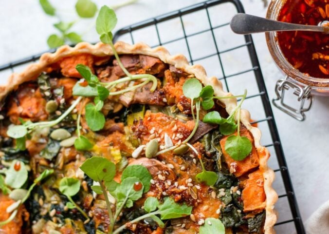 A leek cavolo nero and sweet potato tart