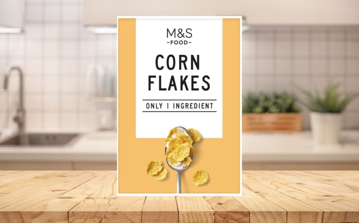 A packet of one-ingredient Marks and Spencer corn flakes on a kitchen counter