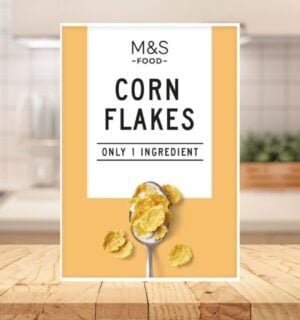 A packet of one-ingredient Marks and Spencer corn flakes on a kitchen counter