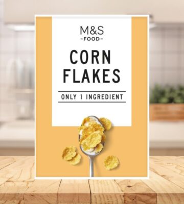 A packet of one-ingredient Marks and Spencer corn flakes on a kitchen counter