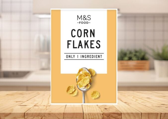 A packet of one-ingredient Marks and Spencer corn flakes on a kitchen counter