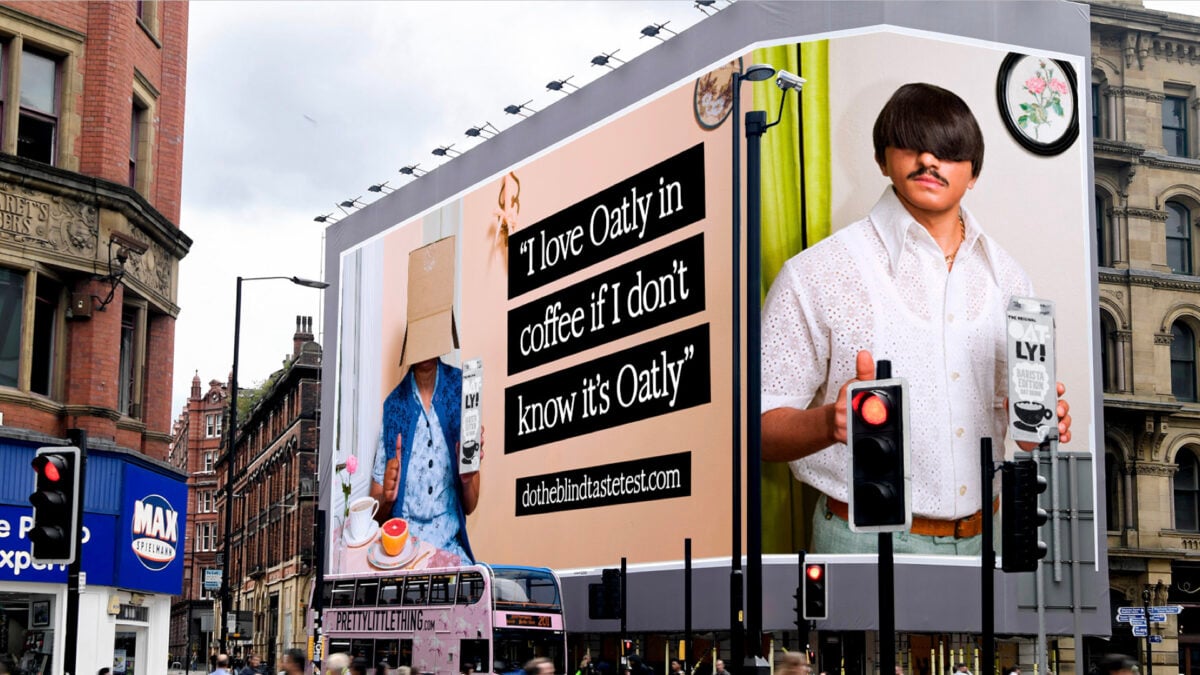 Photo shows one of the new Oatly billboards, launched alongside its free coffee giveaway, which reference a recent positive taste test