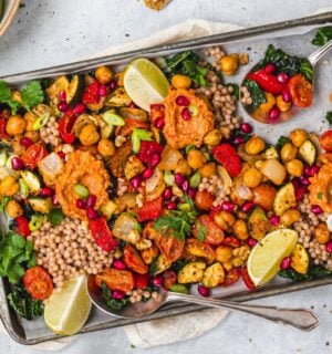 a picture of a red pepper pesto chickpea traybake