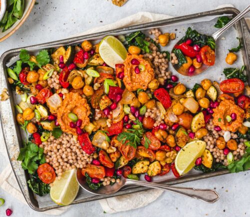 a picture of a red pepper pesto chickpea traybake