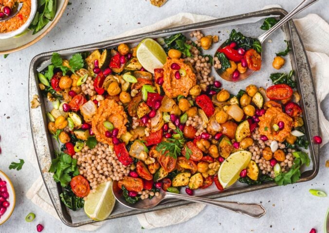 a picture of a red pepper pesto chickpea traybake