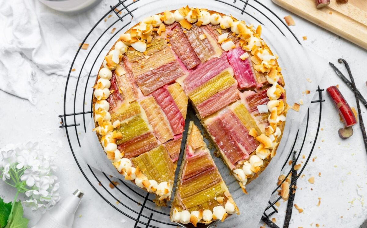 vegan spring recipes like this upside-down rhubarb coconut cake