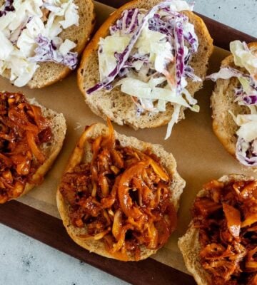 smoky BBQ shredded jackfruit on sliders with coleslaw