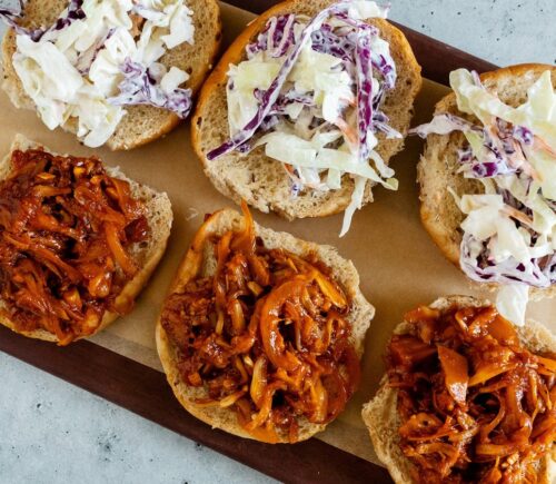 smoky BBQ shredded jackfruit on sliders with coleslaw