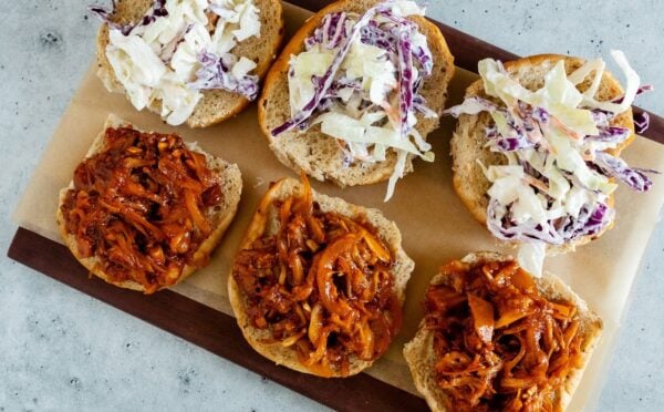 smoky BBQ shredded jackfruit on sliders with coleslaw