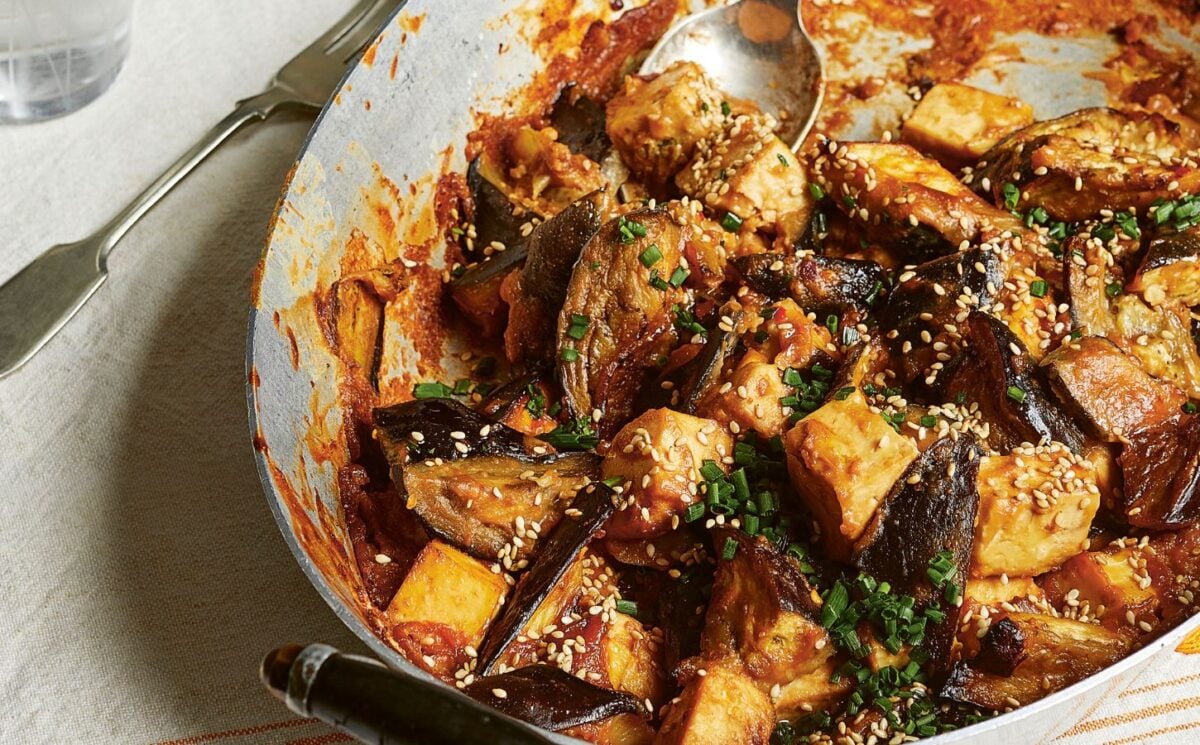 a dish of sticky miso aubergine and smoked tofu with peanut butter